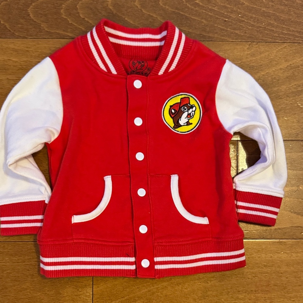 Buc-ee's Varsity Jacket Infant 12M Red White Snap Front NWOT Cute
